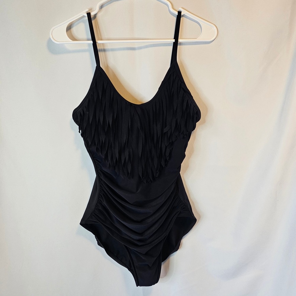 Magicsuit Fringe Ruched One Piece Swimsuit Women‎ 12 Black Boho Slimming